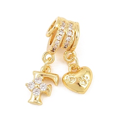 Letter F Латунные микропаве прозрачные подвески с фианитом, сердце прелести, долговечный, стойки покрытие, без кадмия и без свинца, реальный 18 k позолоченный, Буква F, 24 мм, отверстия : 3 mm и 4 мм, Сердце: 8.5x8x3.5 mm, Письмо: 10.5x8x3.5 мм