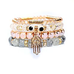 Off-white Bohemian Style Bracelet with Devil Eye Charm, Crystal Rhinestone Chain and Palm Pendant Jewelry for Women