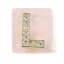 Letter L Природного розового кварца подвески, прямоугольные подвески с латунной микропаве прозрачной кубической циркониевой буквой, реальный 18 k позолоченный, долговечный, стойки покрытие, Письмо L, 21x18x5 мм, отверстие : 1.4 мм