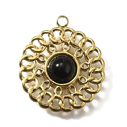 (946F)Морозный цвет внутри  Жонкиль / Непрозрачная зеленая подкладка 304 подвески из нержавеющей стали, плоско-круглые, с натуральным черным агатом, реальный 18 k позолоченный, ионное покрытие (ip), 18x16x3.5 мм, отверстие : 1.2 мм