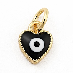 Black Rack Plating Brass Enamel Charms, with Jump Rings, Cadmium Free & Lead Free, Real 18K Gold Plated, Heart with Evil Eye, Black, 9x7x2.6mm, Hole: 3mm