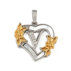 Letter V Латунь микропаве фианиты с подвесками-ракушками, Сердце и письмо, долговечный, без свинца и без кадмия, стойки покрытие, Буква V, 20x20.5x3 мм, отверстие : 3.5x5 мм