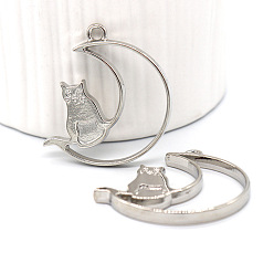 Platinum Alloy Open Back Bezel Moon Cat Pendants, for DIY UV Resin, Epoxy Resin, Pressed Flower Jewelry, Platinum, 37x37x3.5mm