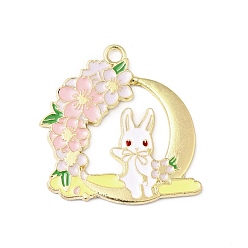 Colorful Alloy Enamel Pendants, Moon with Rabbit & Sakura, Golden, Colorful, 31.5x30.5x1.5mm, Hole: 2.5mm