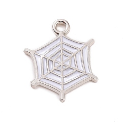 White Alloy Enamel Pendants, Platinum, Spider Web Charm, White, 20x16x1mm, Hole: 2mm