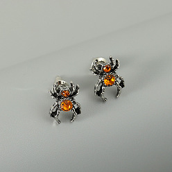 Yellow Diamond Yellow Belly Silver Spider Earrings Halloween Spider Earrings with Colorful Rhinestones - Vintage Spider Ear Studs, Christmas Jewelry.