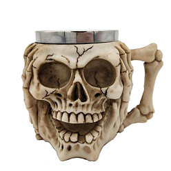 Beige Halloween 304 Stainless Steel Skull Mug, Resin Skeleton Beer Cup, for Home Decorations Birthday Gift, Beige, 115x150x105mm, Inner Diameter: 77mm