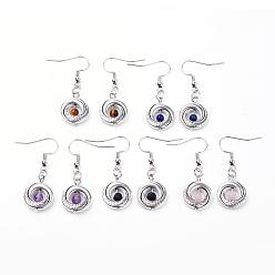 Mixed Stone Natural Gemstone and Tibetan Style Alloy Beads Dangle Earrings, with Brass Earring Hooks and Iron Findings, Antique Silver and Platinum, 41mm, Pin: 0.6mm