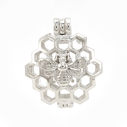 Platinum Alloy Locket Pendants, Diffuser Locket, Hollow, Honeycomb with Bee, Platinum, 26x22x13mm, Hole: 4x3mm, Inner Measure: 18mm