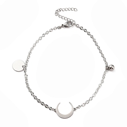 Stainless Steel Color 304 Stainless Steel Double Horn Link Anklet with Ball Charms for Women, Stainless Steel Color, 8-7/8~9-1/4 inch(22.5~23.5cm)