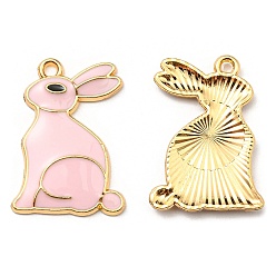 Pink Alloy Pendants, with Enamel, Golden, Cadmium Free & Nickel Free & Lead Free, Rabbit Charms, Pink, 25x17.5x2.5mm, Hole: 1.6mm