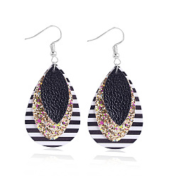 E1912-13 Triple Layer Black Double-layer Waterdrop PU Leather Earrings Set with American Flag Design