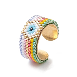 Colorful Glass Seed Beaded Evil Eye Open Cuff Rings, Golden Stainless Steel Jewelry, Colorful, Inner Diameter: 17mm