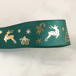 Teal 25 Yards Flat Christmas Reindeer Printed Polyester Grosgrain Ribbons, Hot Stamping Ribbons, Teal, 1 inch(25mm), about 25.00 Yards(22.86m)/Roll