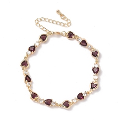 Фиолетовый Браслеты из кубического циркония в форме сердца, украшения из латуни для женщин, реальный 18 k позолоченный, фиолетовые, 7 дюйм (17.9 см)