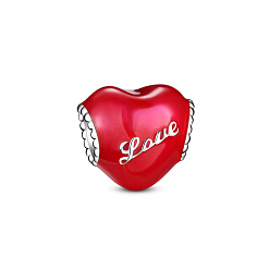 Red TINYSAND Rhodium Plated 925 Sterling Silver European Bead, with Enamel, Heart with Word Love, For Valentine's Day, Platinum, Red, 11.97x9.34x10.72mm, Hole: 4.66mm