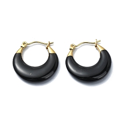 Black Ion Plating(IP) Golden 304 Stainless Steel Donut Hoop Earrings, with Enamel, Black, 23x4mm