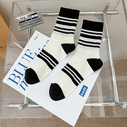 White Stripe Pattern Cotton Knitting Socks, Winter Warm Thermal Socks, White, 250x70mm
