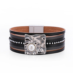 sz00215-1 Bohemian Multi-layer Leather Buckle Pearl Bracelet - Ethnic Style, Magnetic Clasp Jewelry.