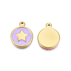 Lilac 304 Stainless Steel Enamel Pendants, Real 18K Gold Plated, Flat Round with Star, Lilac, 19x15x2.5mm, Hole: 1.6mm