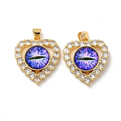 Purple Real 18K Gold Plated Brass Pendants, with Glass and Acrylic, Heart with Evil Eye Charms, Purple, 26x22.5x7mm, Hole: 4.5x3.5mm