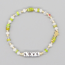 B-B220039B Chic Gemstone Elastic Bracelet with Crystal Beads and LOVE Letter Charm
