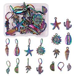 Rainbow Color DIY Drop Earring Making Finding Kits, Including Flower & Cowrie Shell & Leaf & Starfish Alloy Pendants, 304 Stainless Steel Leverback Earring Findings, Rainbow Color, 32pcs/box