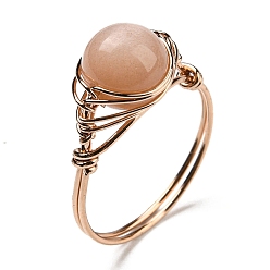 Sunstone Natural Sunstone Round Finger Ring, Rack Plating Rose Gold Brass Wire Wrap Ring, Inner Diameter: 20mm