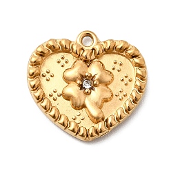 Кристалл 304 подвески из нержавеющей стали с микропаве из стразов, подвески в виде сердца с клевером, ионное покрытие (ip), реальный 18 k позолоченный, кристалл, 15x16x2.5 мм, отверстие : 1.2 мм