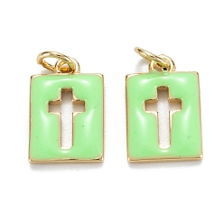 Зелено-Желтый Латунь эмаль прелести, реальный 18 k позолоченный, долговечный, прямоугольник с крестом, зеленый желтый, 14.5x9.5x2 мм, отверстие : 3 мм, Перейти кольцо: 5x0.8 мм