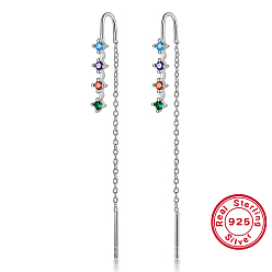 Platinum Rhodium Plated 925 Sterling Silver Chains Ear Thread, Colorful Cubic Zirconia Stud Earrings, Platinum, 60mm