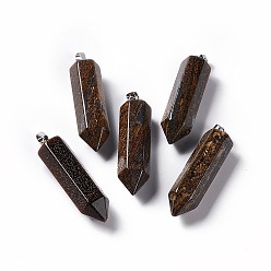 Bronzite Natural Bronzite Double Terminated Pointed Pendants, with Platinum Tone Brass Findings, Bullet, 39x10x10mm, Hole: 3x6mm