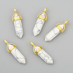 Howlite Synthetic Howlite Double Terminated Pointed Pendants, with Random Alloy Pendant Hexagon Bead Cap Bails, Bullet, Golden, 37~40x12.5x10mm, Hole: 3x4.5mm