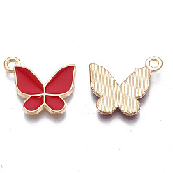 Red Alloy Enamel Pendants, Cadmium Free & Lead Free, Butterfly, Light Gold, Red, 15x17x2mm, Hole: 1.6mm