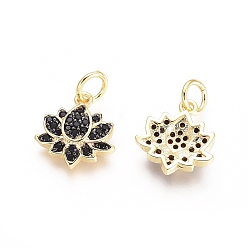 Gunmetal & Golden Brass Micro Pave Cubic Zirconia Charms, with Jump Rings, Lotus, Black, Gunmetal & Golden, 12x11x2.5mm, Hole: 3.4mm