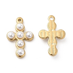 White ABS Plastic Imitation Pearl Pendants, with Tone Real 18K Gold Plated 201 Stainless Steel Findings, Cross Charm, White, 21x13.5x4.5mm, Hole: 1mm