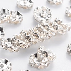 Silver Brass Rhinestone Spacer Beads, Grade B, Clear, Silver Color Plated, Size: about 10mm in diameter, 4mm thick, hole: 2mm