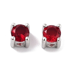 Dark Red Rhodium Plated Real Platinum Plated 925 Sterling Silver Bead, with Cubic Zirconia, Flat Round, with S925 Stamp, Dark Red, 4x4x4mm, Hole: 1.2mm