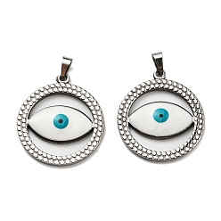 White 304 Stainless Steel Pendants, with Enamel, Flat Round with Evil Eye Charm, Stainless Steel Color, White, 28.5x25.5x3mm, Hole: 5x3.5mm