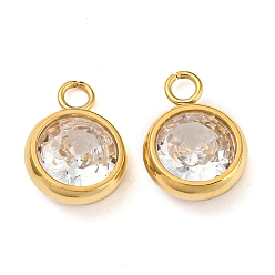 Real 14K Gold Plated 304 Stainless Steel Charms, with Glass Rhinestone, Flat Round, Real 14K Gold Plated, 10.5x8x3mm, Hole: 1.6mm