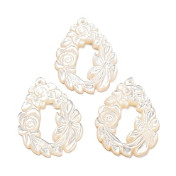 White Natural Sea White Shell Pendants, Teardrop Wreath Charms, White, 33x25.5x2.6~3mm, Hole: 1.2mm
