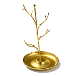 Golden Iron Jewelry Display Stand with Tray, Tree Display Holder, for Rings, Earrings, Bracelets Storage, Golden, 14x24.8cm