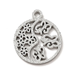 Stainless Steel Color 304 Stainless Steel Textured Pendants, Hollow, Flat Round with Butterfly & Flower, Stainless Steel Color, 14x12x1mm, Hole: 1.2mm