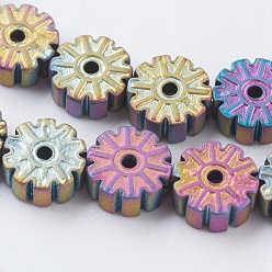 Multi-color Plated Vacuum Plating Electroplate Non-magnetic Synthetic Hematite Beads Strands, Frosted, Grade A, Snowflake, Multi-color Plated, 6x2.5~3mm, Hole: 1mm, about 66pcs/strand, 15.7 inch(40cm)
