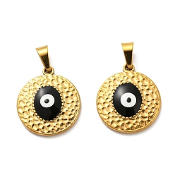 Black Ion Plating(IP) 304 Stainless Steel Pendants, with Enamel, Flat Round with Evil Eye Charm, Golden, Black, 18x16x2.5mm, Hole: 5.5x3.5mm