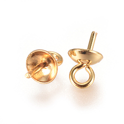 Golden 304 Stainless Steel Cup Pearl Peg Bails Pin Pendants, For Half Drilled Beads, Golden, 7x4mm, Hole: 1.6mm, Pin: 0.6mm