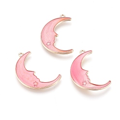 Pink Alloy Enamel Pendants, Moon with Star, Light Gold, Pink, 31.5x20x2mm, Hole: 1mm