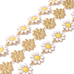 White 304 Stainless Steel Daisy Flower Link Chains with Enamel, Unwelded, Golden, White, 14x10x1mm