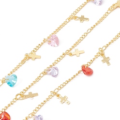 Colorful Handmade Cubic Zirconia Heart & Brass Cross Charms Chain, with Curb Chains, Real 18K Gold Plated, Lead Free & Cadmium Free, Soldered, with Spool, Colorful, 2x2x0.5mm