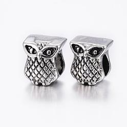 Antique Silver 304 Stainless Steel European Beads, Large Hole Beads, Owl, Antique Silver, 10.5x9x10mm, Hole: 5mm